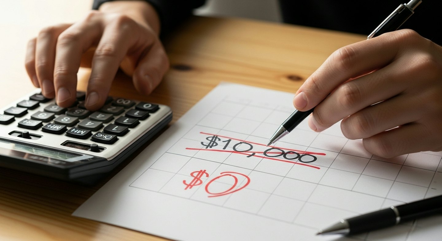 Manos calculando finanzas sobre un escritorio de madera con un bloc de notas.